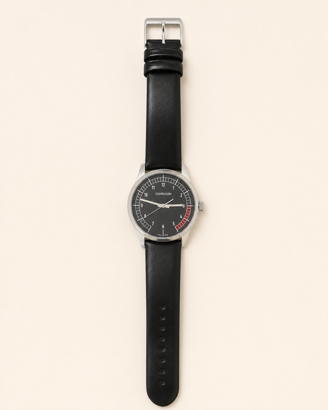 Calvin Klein quartz watch with black leather strap and dark grey dial