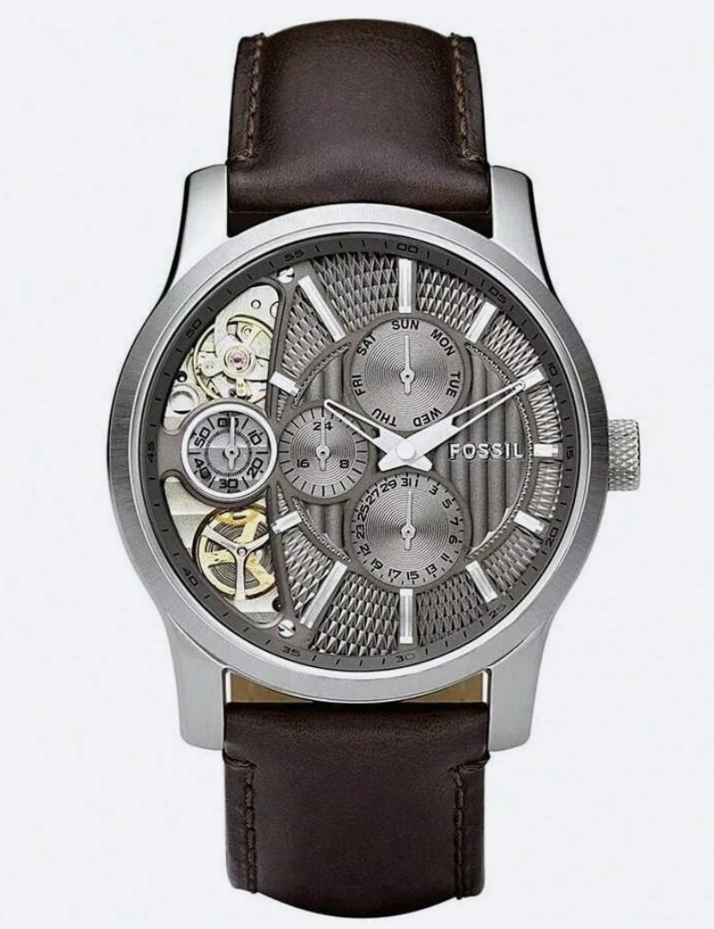 Fossil ME1098 Mechanical Twist multifunction watch with brown leather strap