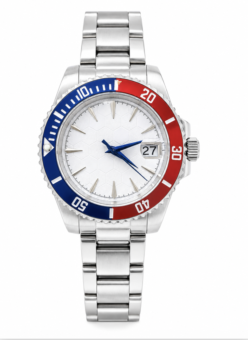 Unbranded personally assembled automatic watch with red and blue bezel and white dial