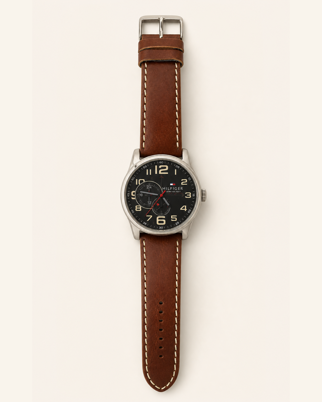 Tommy Hilfiger multifunction quartz watch with brown stitched leather strap